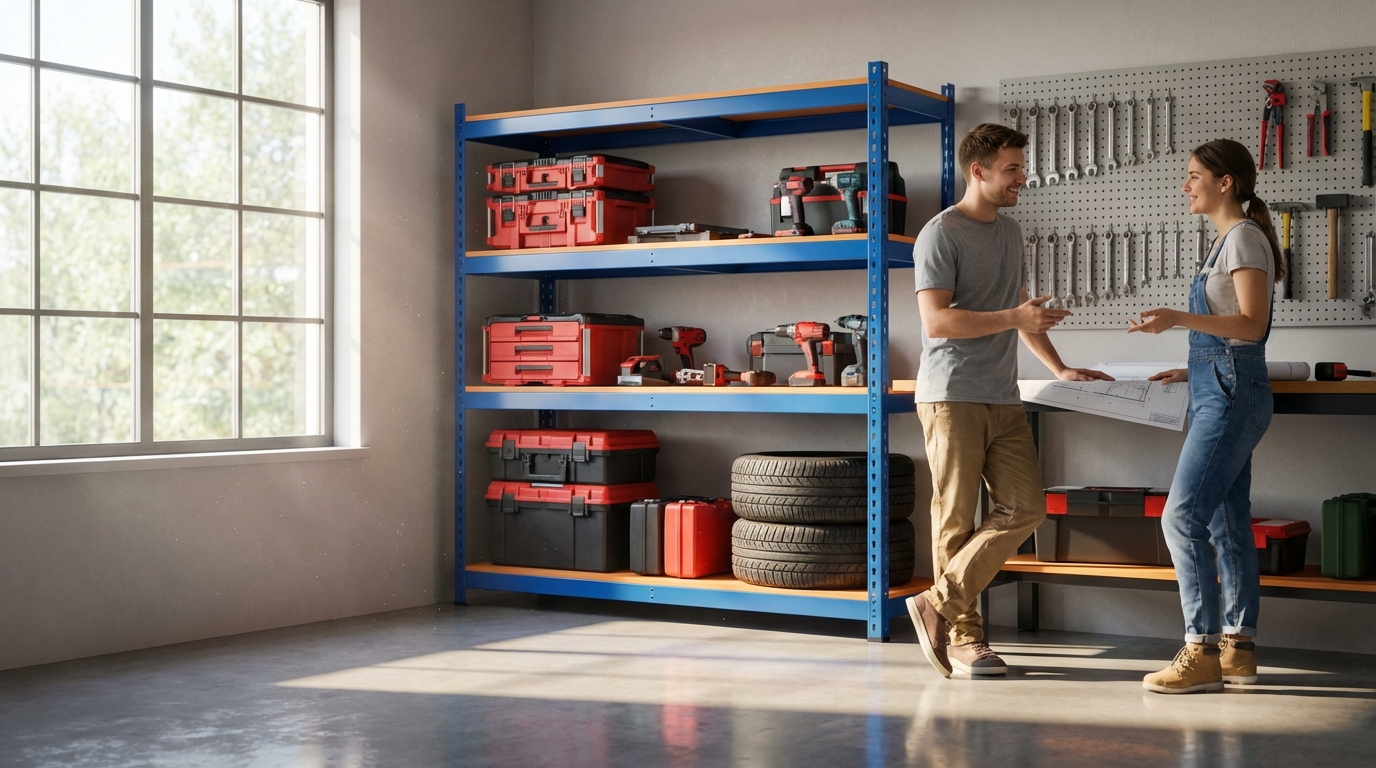 Modrý regál v garáži