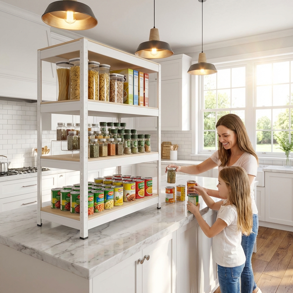 Bílý regál v kuchyni