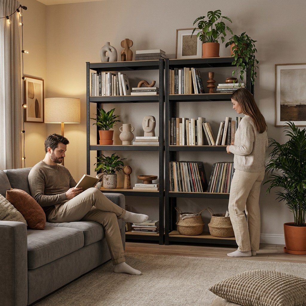 Černý regál v obývacím pokoji