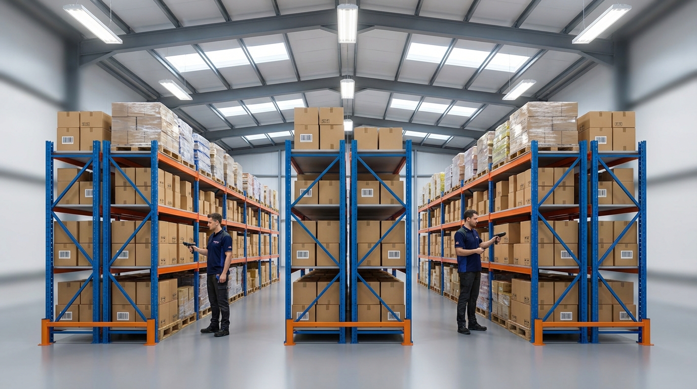 Červený regál ve skladu