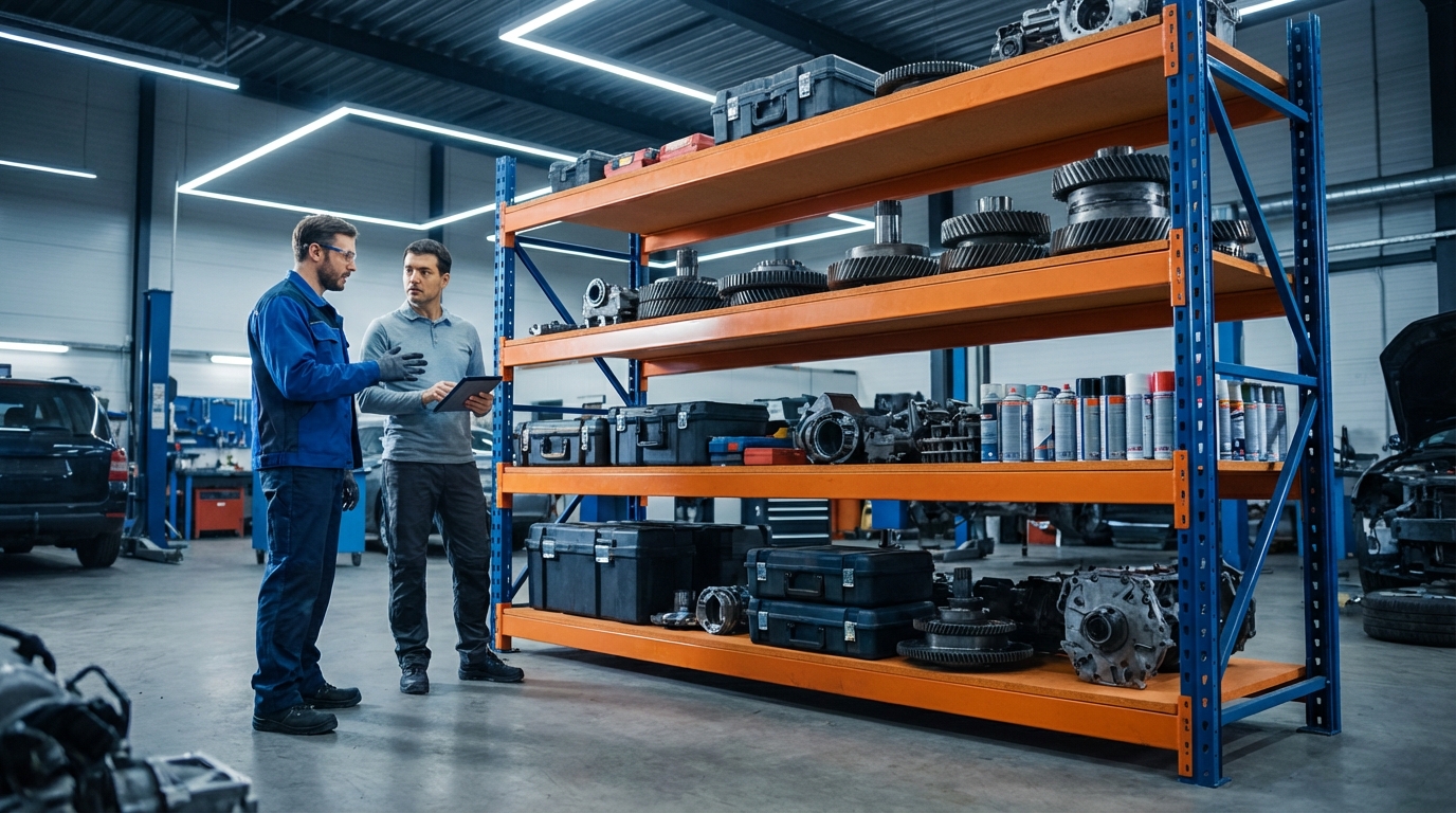 Červený regál v dílně